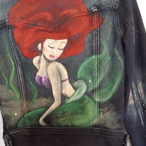 One of a Kind hand painted Little Mermaid Ariel  distressed jean jacke Medium